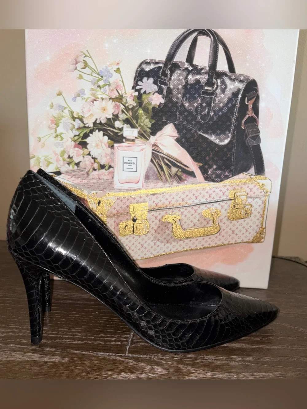 Ralph Lauren NWOT Black Crocodile-Texture Pointed-Toe Stiletto Heels